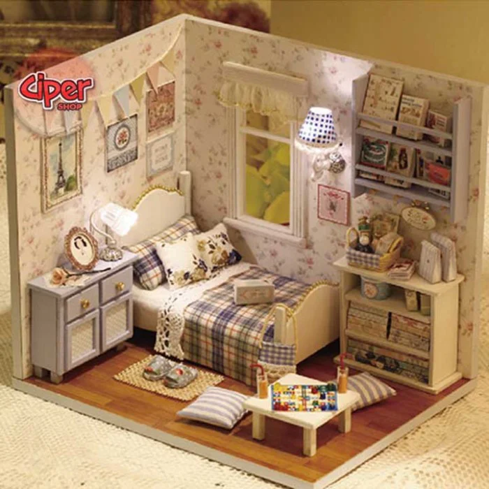Mua Bộ đồ chơi trang trí thủ công có nội thất handmade mô hình phòng ngủ  hiện đại mini thu nhỏ S922 có đèn  Tiki